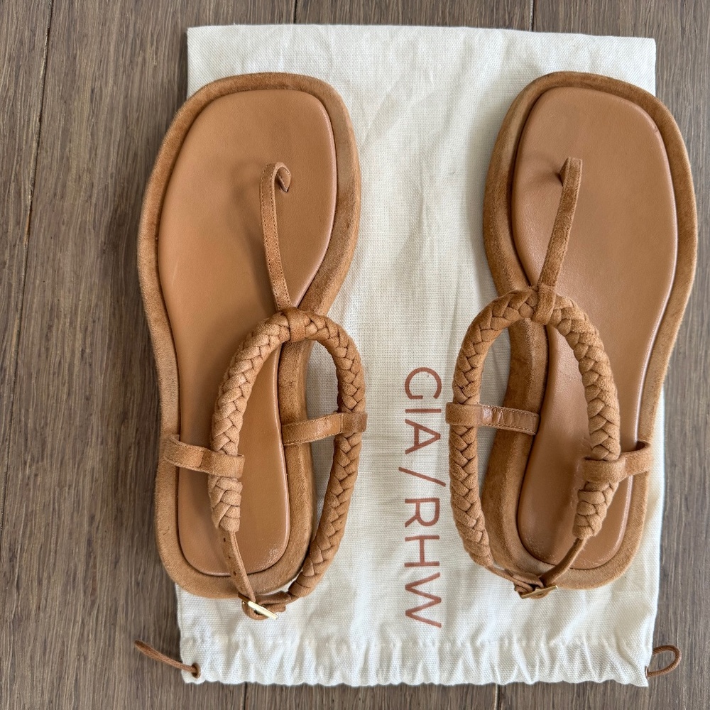 GIA/RHW Braided Suede Thong Slingback Sandals in Brownie